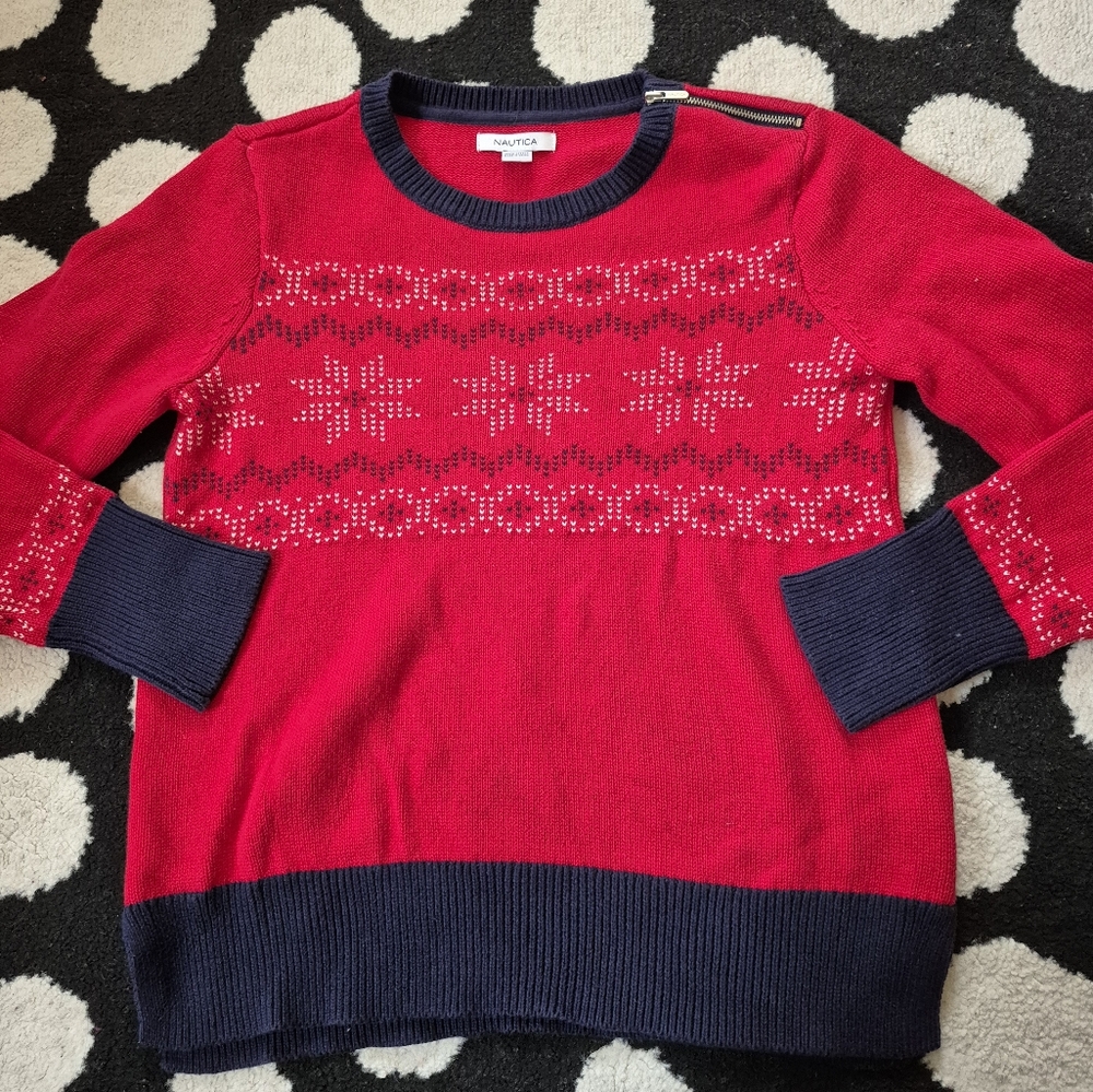 Nautica Womens Red and Navy Holiday Patterned Sweater S EUC